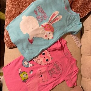 Simple Aqua Bunny & Pink Owl Short Sleeve Kids Tops